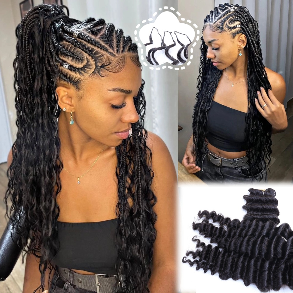 Feather Hair Extension - Natural Black Deep Wave Feather Crochet